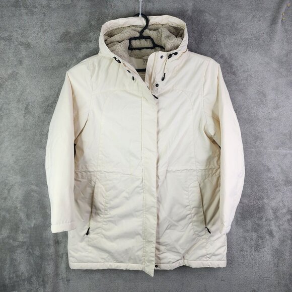 Womens Ivory L.L. Bean Pet Hooded Coat Fleece Lining Full Zip Long Sleeve Size L - Picture 2 of 9